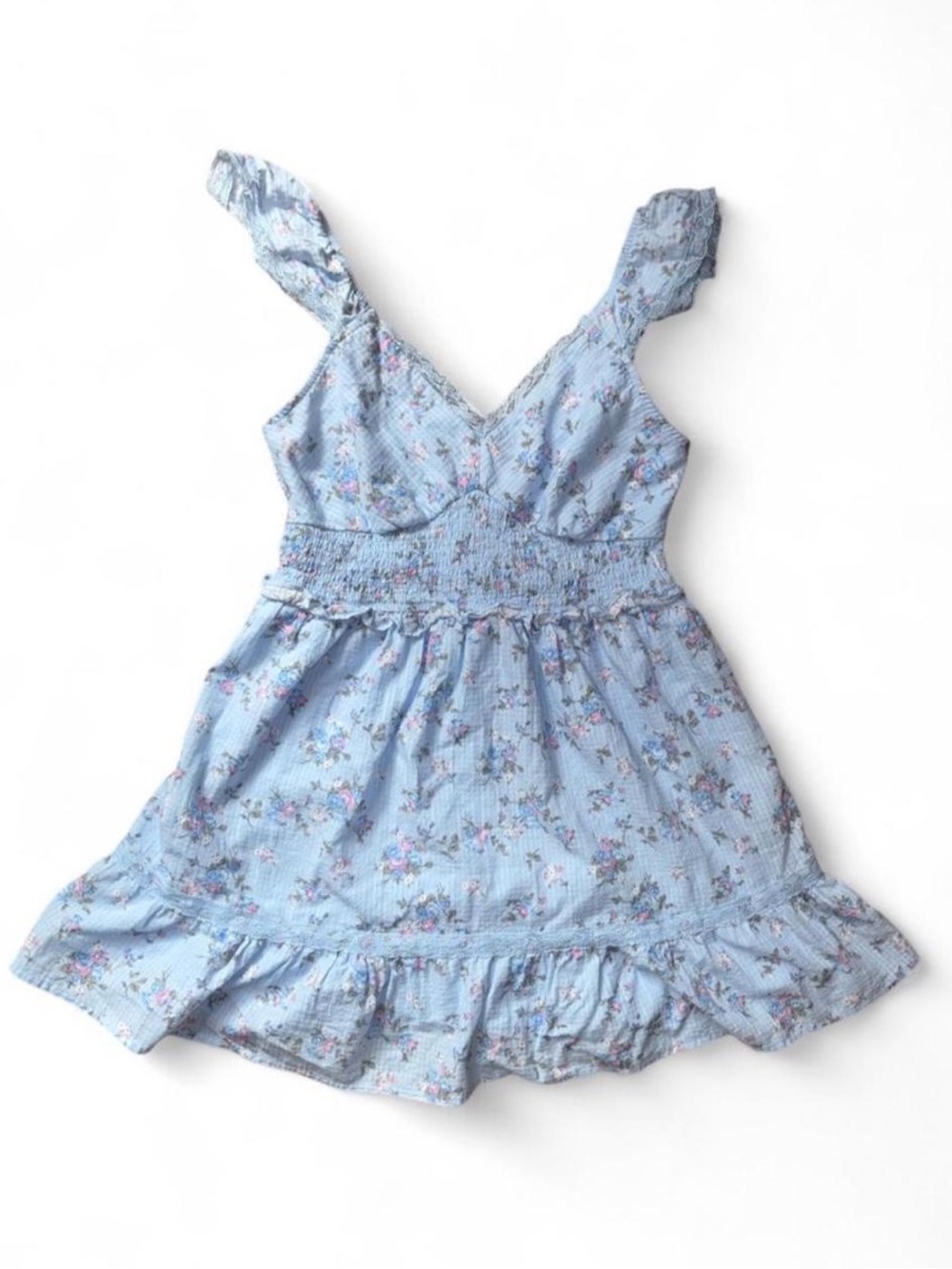 Wild Fable Blue Floral Mini Dress | Lace Trim & Ruffle Detail | Size M